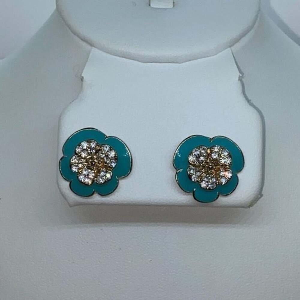 Gold-Tone Blue Clear Rhinestone Flower Stud Earrings